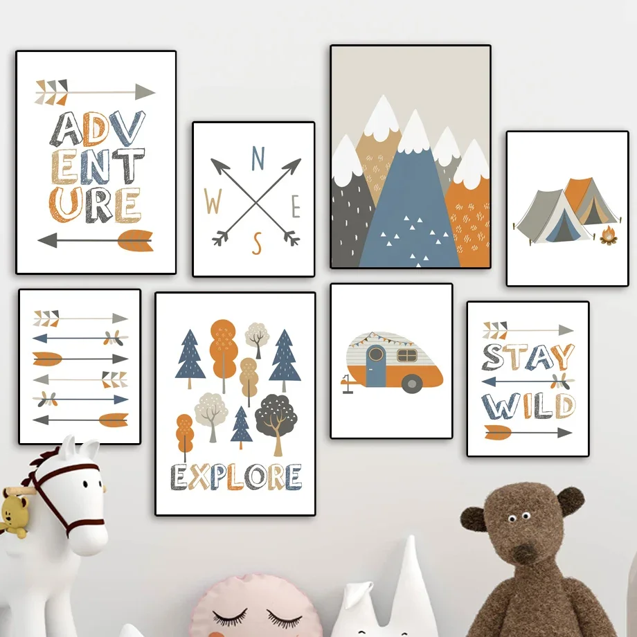 

Mountain Forest Tent Arrow Adventure Quotes Nursery Art Canvas Painting Cartoon Posters And Prints Wall Pictures Kids Room Decor
