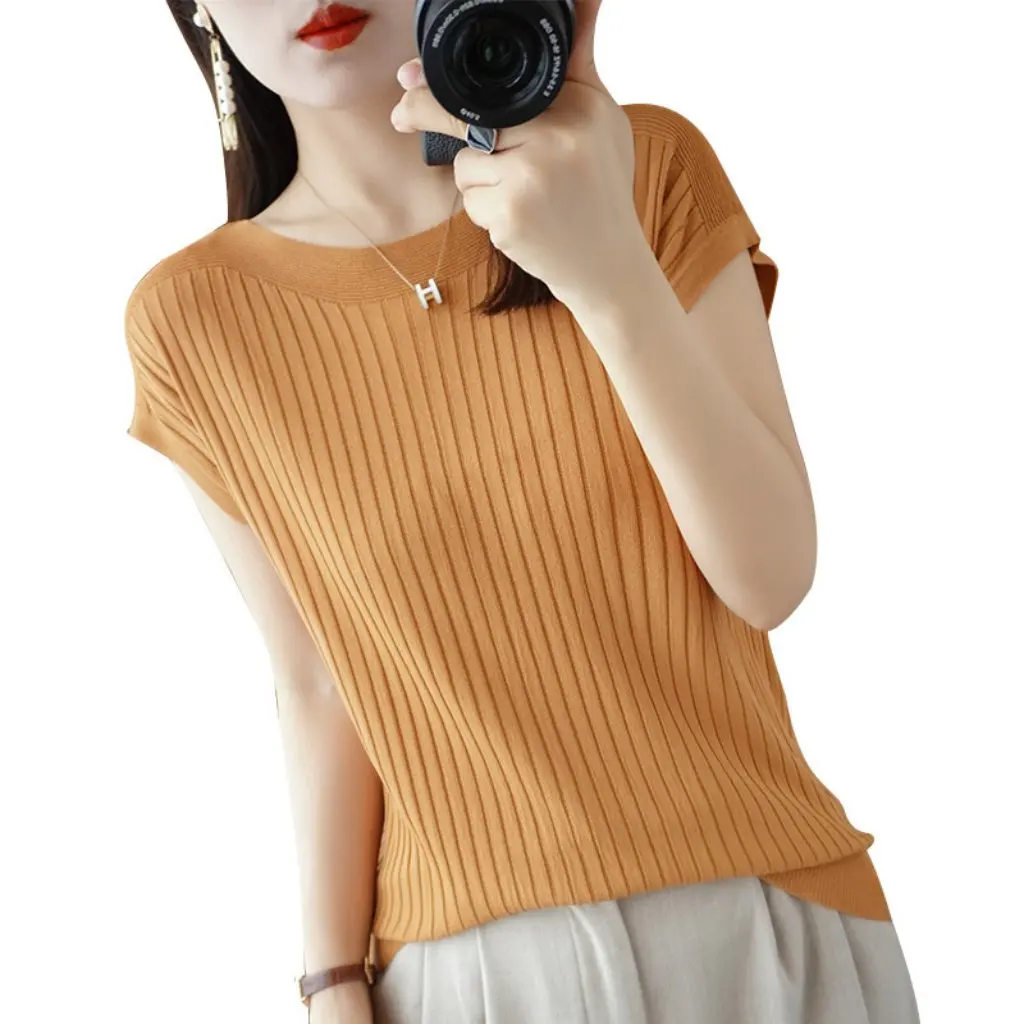 

Summer Ice Silk Women's T-Shirt Short-Sleeved One-Line Collar Loose Knitted Knitwear Thin Top for Fashionable Bottoming