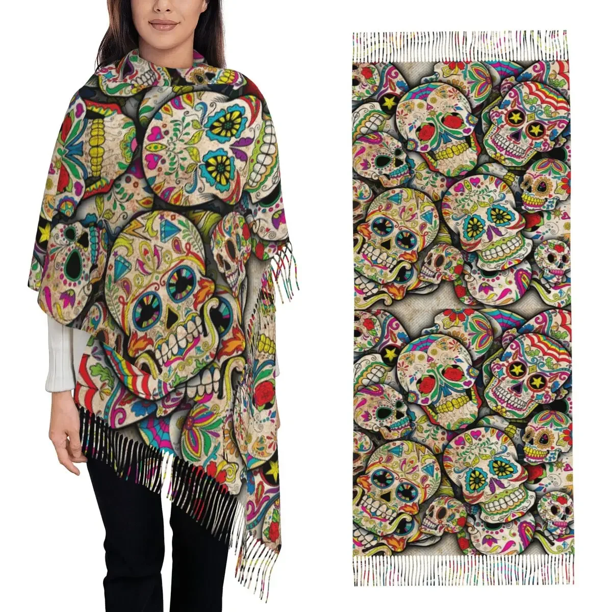 Sugar Skull Collage Scarf Tassel Scarves Women Soft Warm Shawls and Wraps Long Fall Winter Shawl Wrap