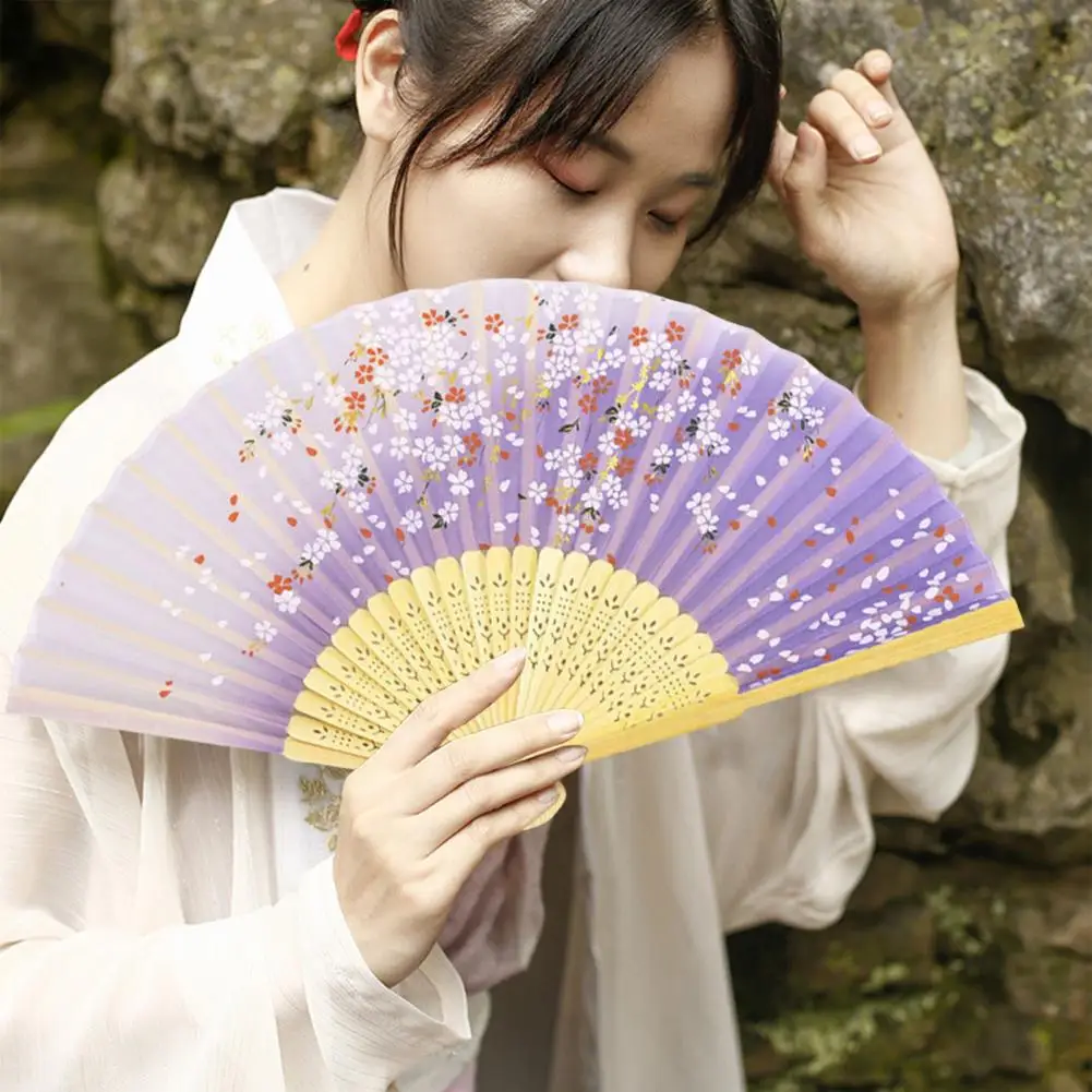 Handheld Chinese Fan Floral Print One Piece Bamboo Folding Fan Decorate Faux Silk Wooden Antique Fan Festival