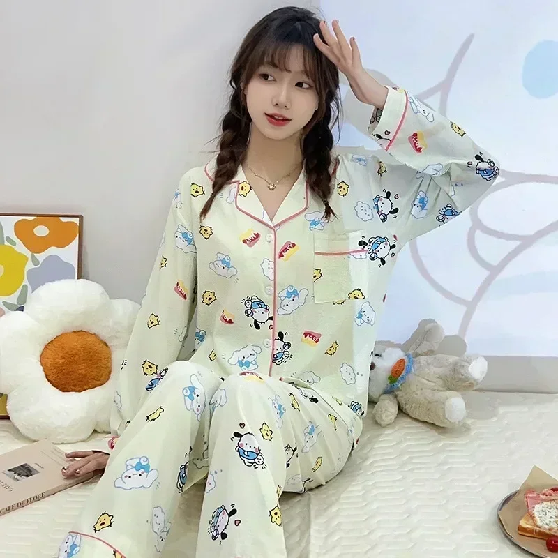 Sanrio Kuromi Cinnamoroll Women\'s Pajamas Set Anime Pochacco Long Sleeved Set Ventilate Soft Kawaii Cartoon Print Clothes