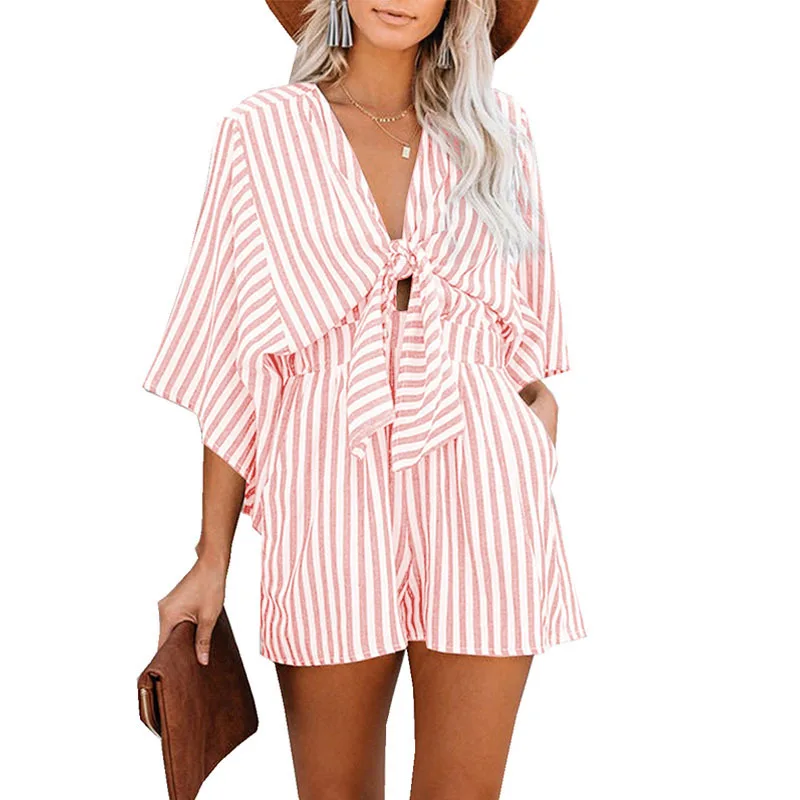 2024 Summer New Striped Print Short Jumpsuits Women Fashion Sexy Deep V-neck Leace-up Bell Short Sleeves Shorts Jumpsuit Female