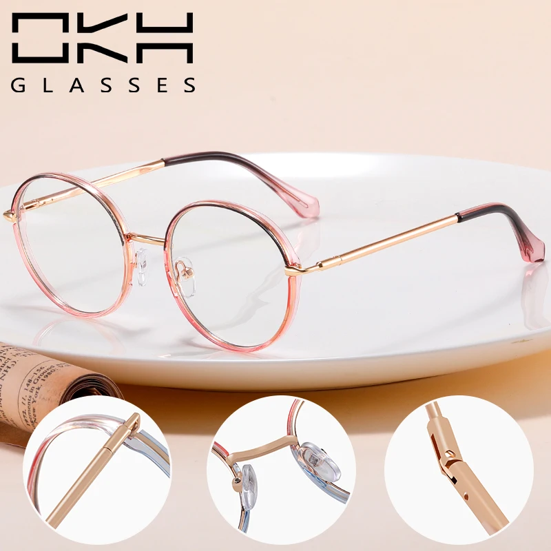 OKH Fashion Anti Blue Light Round Glasses Frame Spring Hinge Glasses Prescription Reading Glasses Man Woman F12 image 2