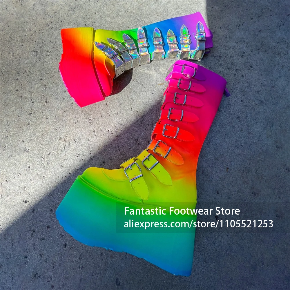 

Multi Holographic Buckle Rainbow Knee Boots Ombre Platform High Heeled Boots Gothic Punk Style Cosplay Statement Shoes for Women