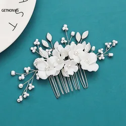 Bride White Flower Hair Comb Wedding Hair Accessories Crystal Pearl Hair Clips Hair Ornaments Bridal Bridesmaid Headdress