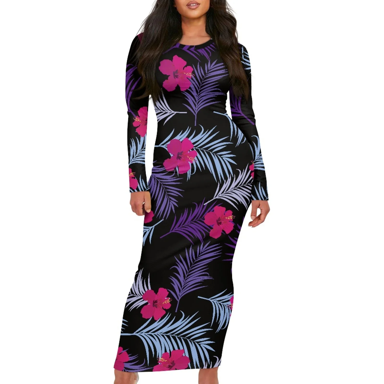 Polynesian Tribal Pohnpei Totem Tattoo Prints New Style Women's Slim Long-Sleeved Dress Elegant Party Black White Long Dresses