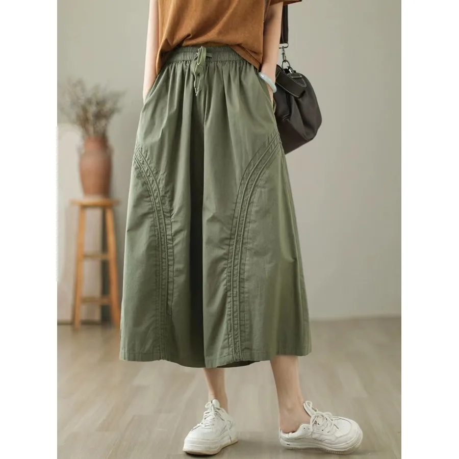 Retro algodão gingham calças de perna larga feminina verão solto simples cintura elástica nove pontos cinto calças saia casual