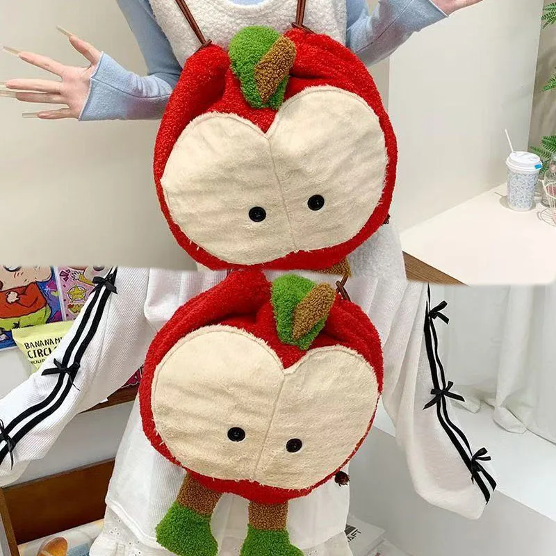 Kawaii Anime Love and Deepspace Cartoon Red Apple Drawstring Backpack Large Capacity Plush Diagonal Cross Student Shoulder Bag