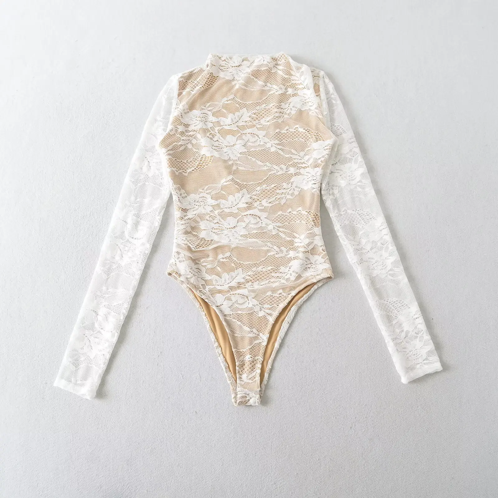 2 colors 2025 Autumn See Through Lace With Lining Stand Collar Long sleeve Bodysuit Sexy Woman Jumpsuit Slim Rompers Playsuits