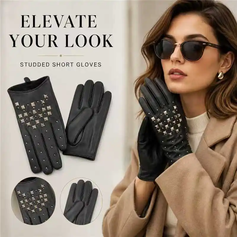 Women Short Studded PU Leather Gloves, Punk Style Touch Screen Five Finger Warm Motorcycle Gloves