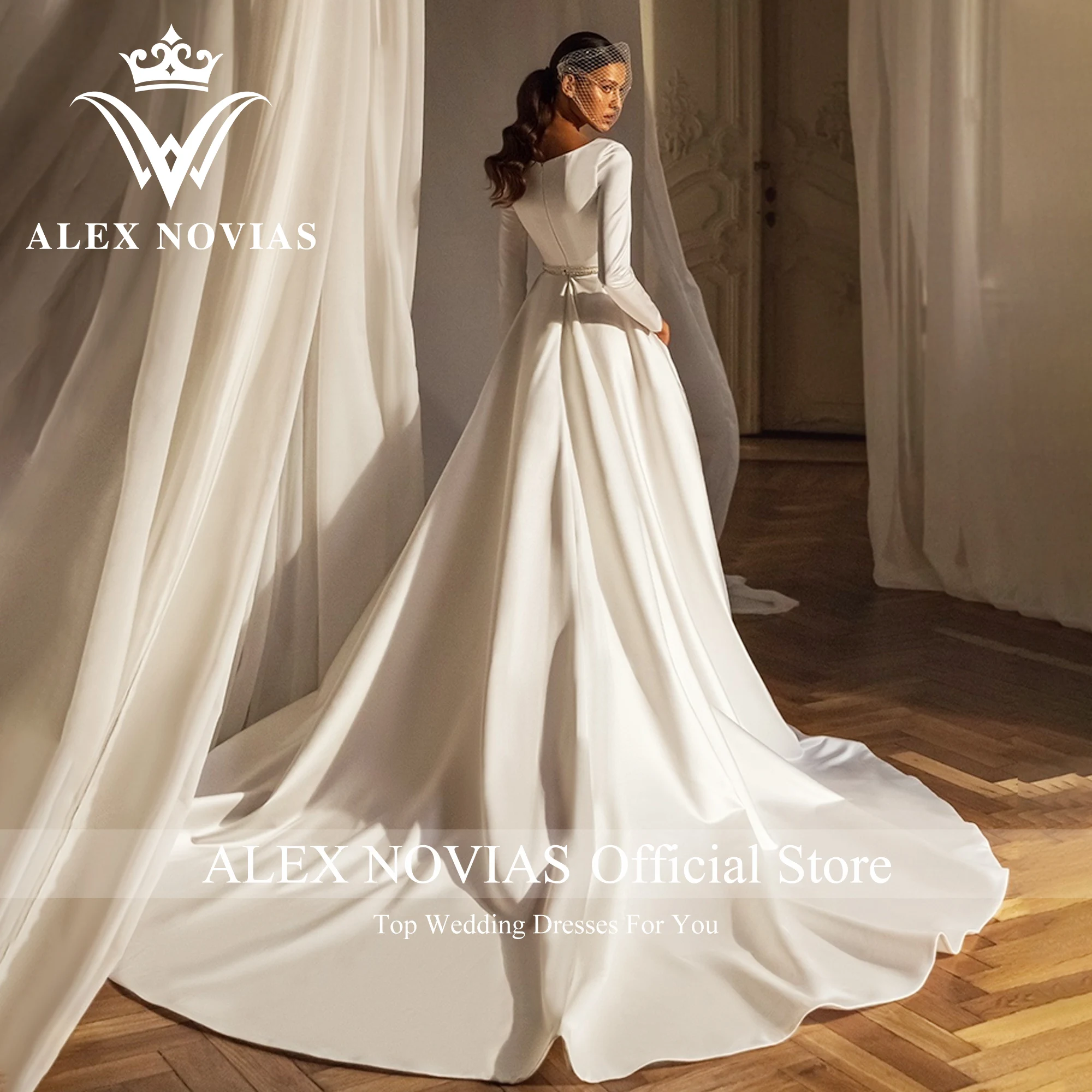 ALEX NOVIAS A-Line ชุดแต่งงานคริสตัลเข็มขัด2023 Vintage V คอแขนยาวผ้าซาตินชุดเจ้าสาว Vestido Novias De Saten