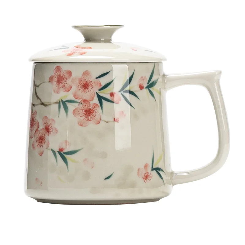 

DSA Chinese peach blossom hand-painted mug with lid ceramic teacup women's high value tea separation office cup