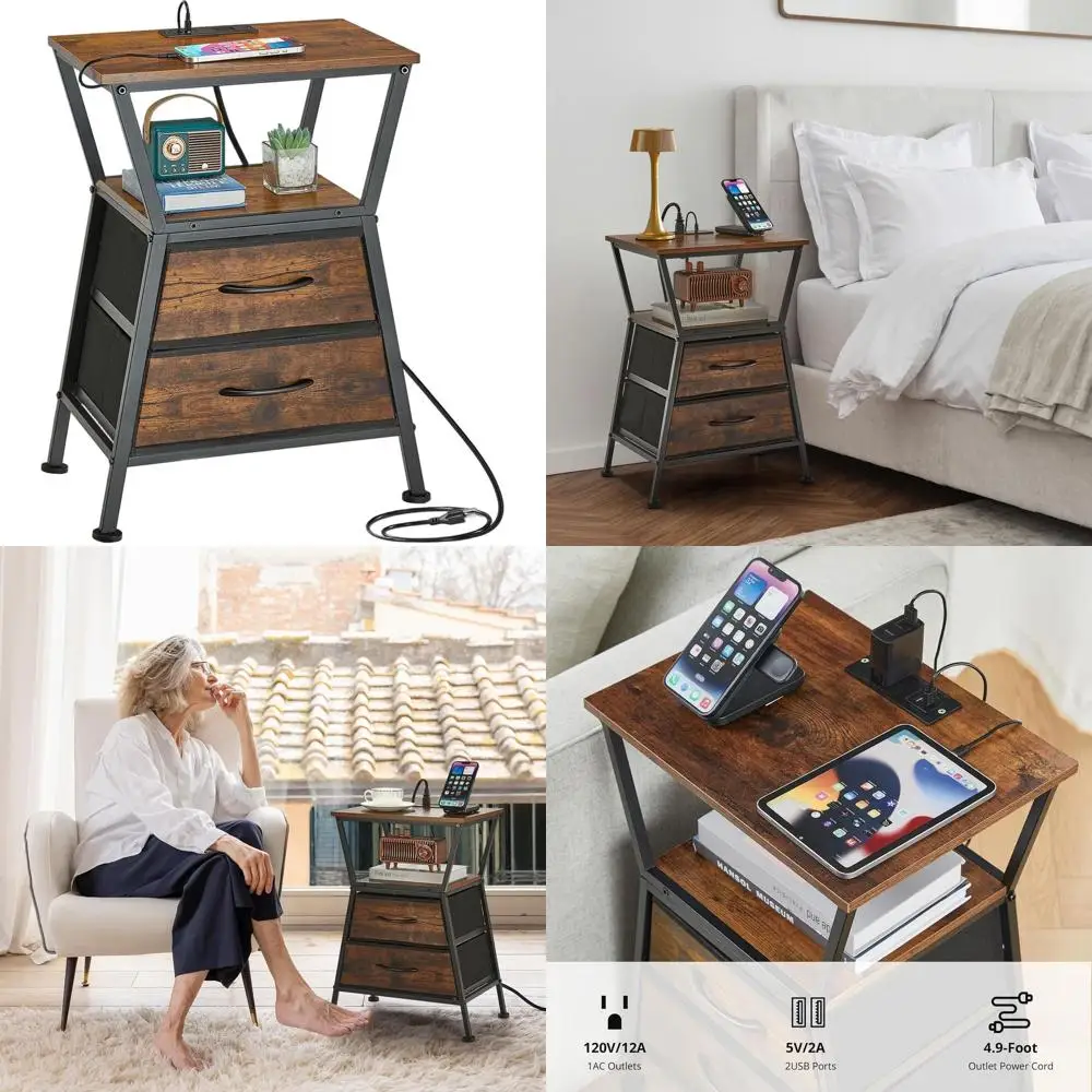 

Bedroom Side Table with USB Charging, Living Room End Table with Outlets and Cloth Drawer