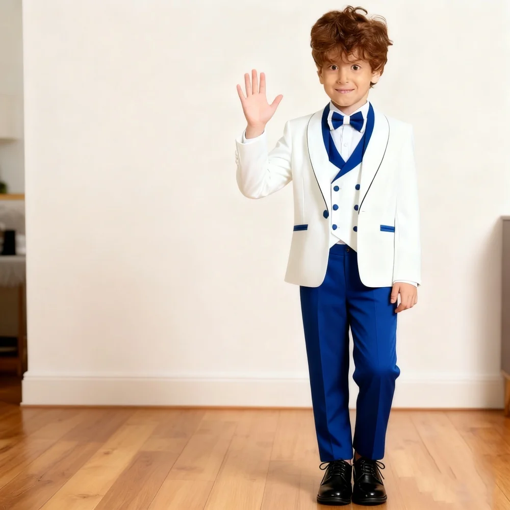 

Classic White & Royal Blue Tuxedo Set for Boys 3-14 Yrs Communion Suit Jacket Vest Pants Bow Tie Elegant Shawl Collar Children