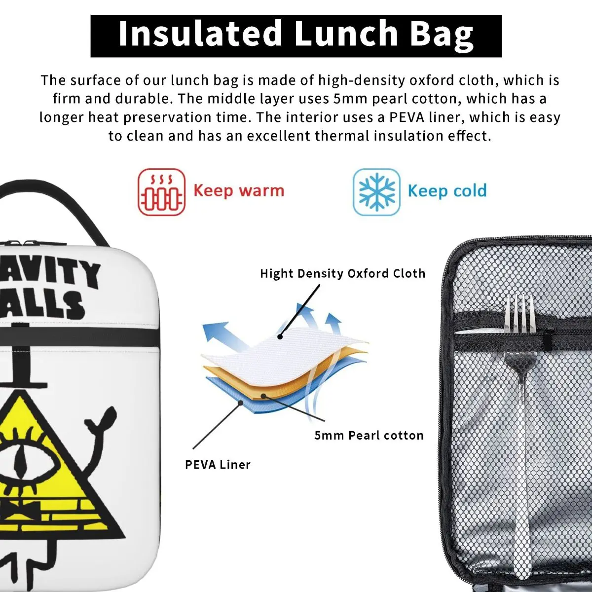 Bill Cipher-Sacs à lunch isothermes de dessin animé, boîtes à lunch thermiques pour pique-nique, récipient alimentaire, refroidisseur portable, chutes gravililes