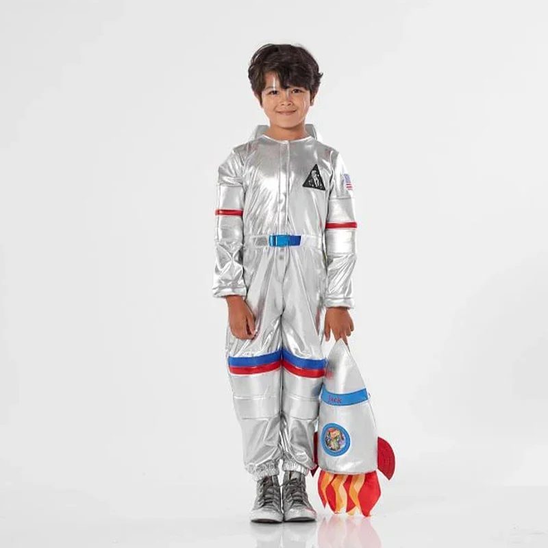 Children Pilot Halloween Costume Outfit Girls Silver Spaceman Jumpsuit Fancy Dress Boys Astronaut Costume