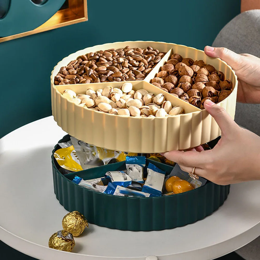 

Rotating Dry Fruit Box Double Layer Snack Tray Compartment for Candy Nuts Storage Party Serving Rotating Snack Tray