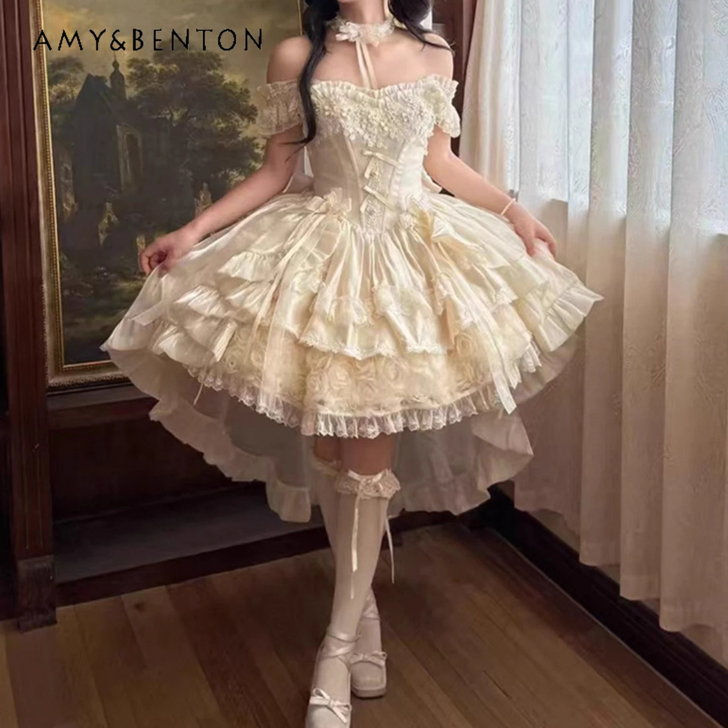 

New High-End Light Luxury Student Day Adult Ceremony White Princess Dress Wedding Heavy Craft Lolita Blue Dress Veil Bustle Set