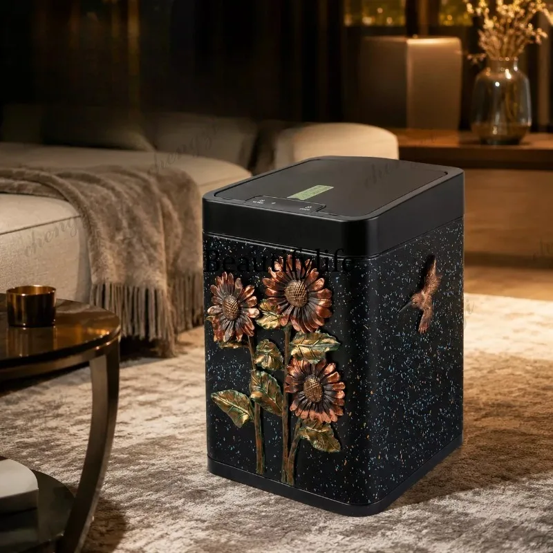 Light luxury intelligent induction trash can retro home Chinese style living room bedroom kitchen creative with cover