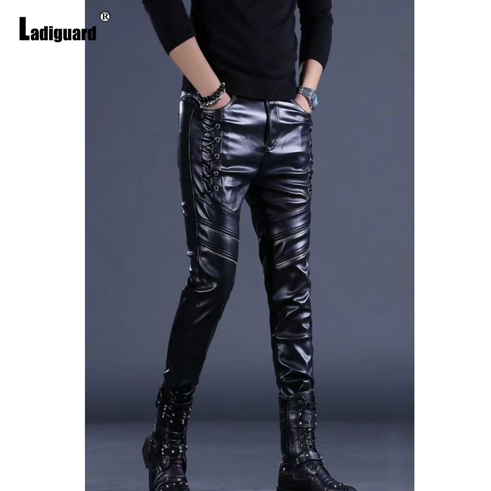 

Men Fashion Rock Style PU Leather Pants Sexy Grungle Dance Pants Men's Bandage Zipper Faux Leather Slim Motorcycle Trouser New