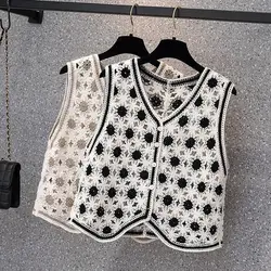 Crochet Hollow Knitted Vest Spring Summer 2023 New Retro Ethnic Style Vest Tank Top Women