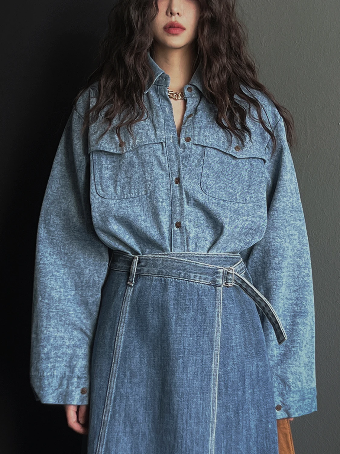 

Women's Loose Fit Double Pocket Shirt Top with Belt Slimming Effect Lazy Style Spring Fashion Half Skirt Assemble