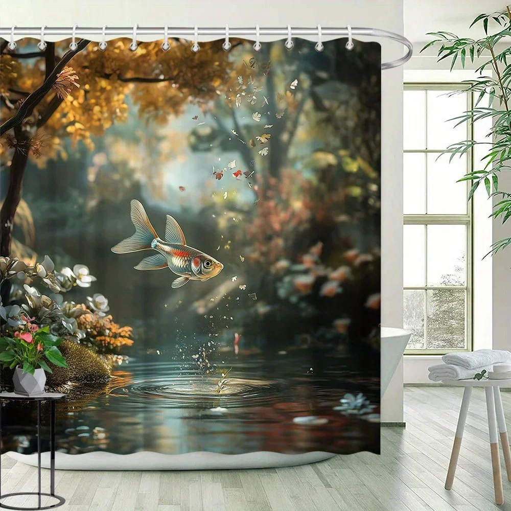 

~O~Autumn Scenery Koi Pond Shower Curtain - Goldfish & Falling Leaves Design, Polyester Fabric, Bathroom Decor, Includes 12 Hook