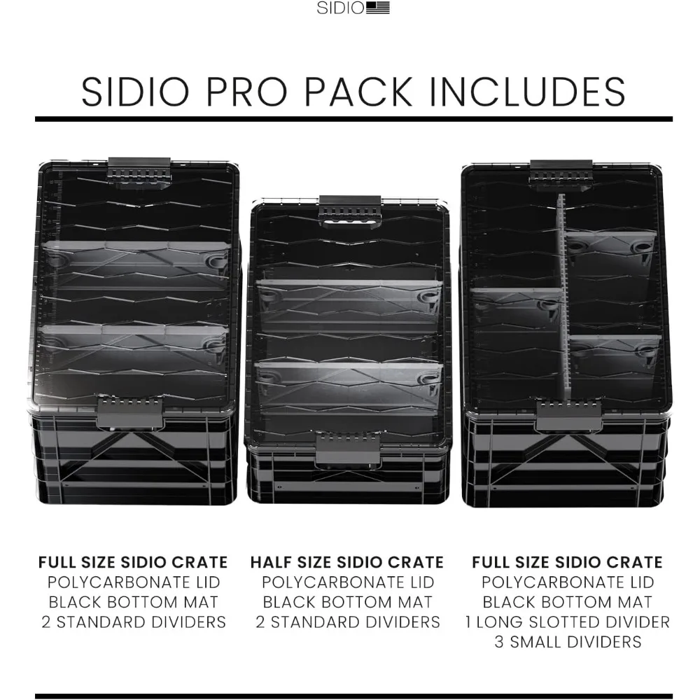 SIDIO Crate Pro Pack: 2 Large and 1 Medium Heavy-Duty Stackable Storage Bins with Lids and Dividers