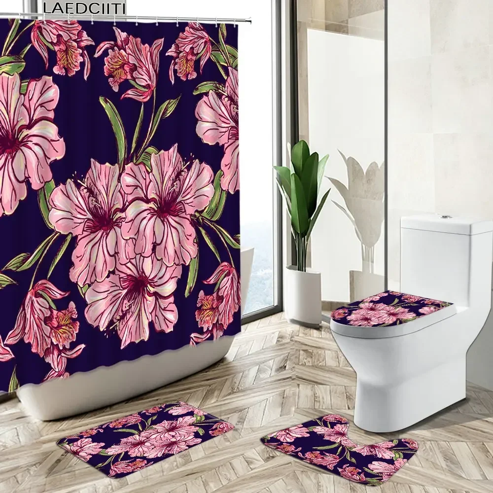 Tropical Exotic Plants Shower Curtain Flower Leaves Colorful Hand Painted Art Bathroom Non-Slip Carpet Toilet Cover Foot Mat Set