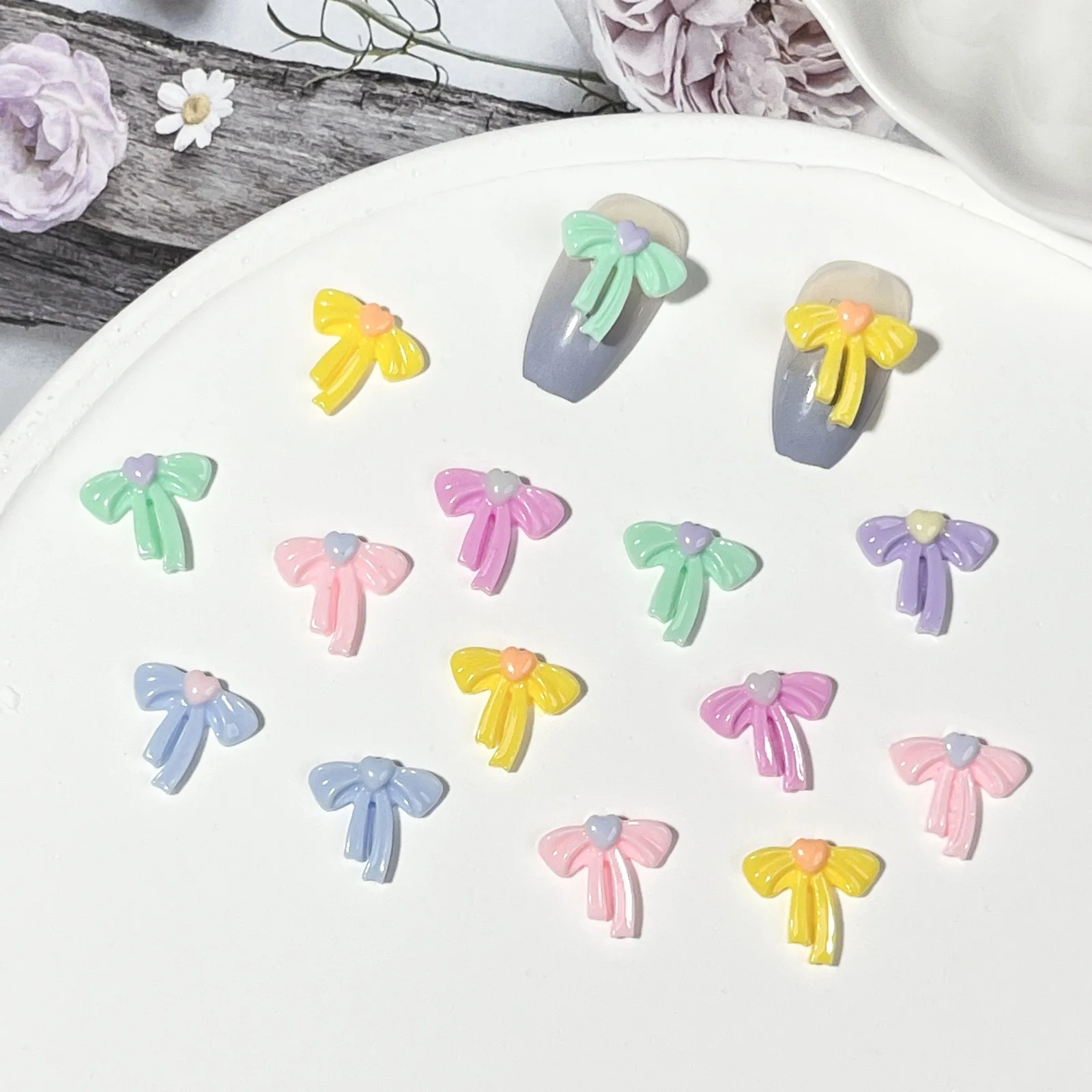 20pcs miniso luminous bow cartoon nail charms for diy nail making cute mini resin flatback nail art decoreation