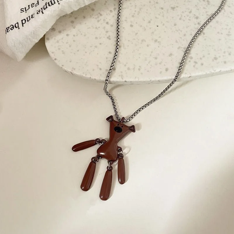 Kawaii Caramel Teddy Bear Hoodie Necklace For Women Unisex Hip-Hop Stylish Cartoon Animal Long Titanium Steel Sweater Chain