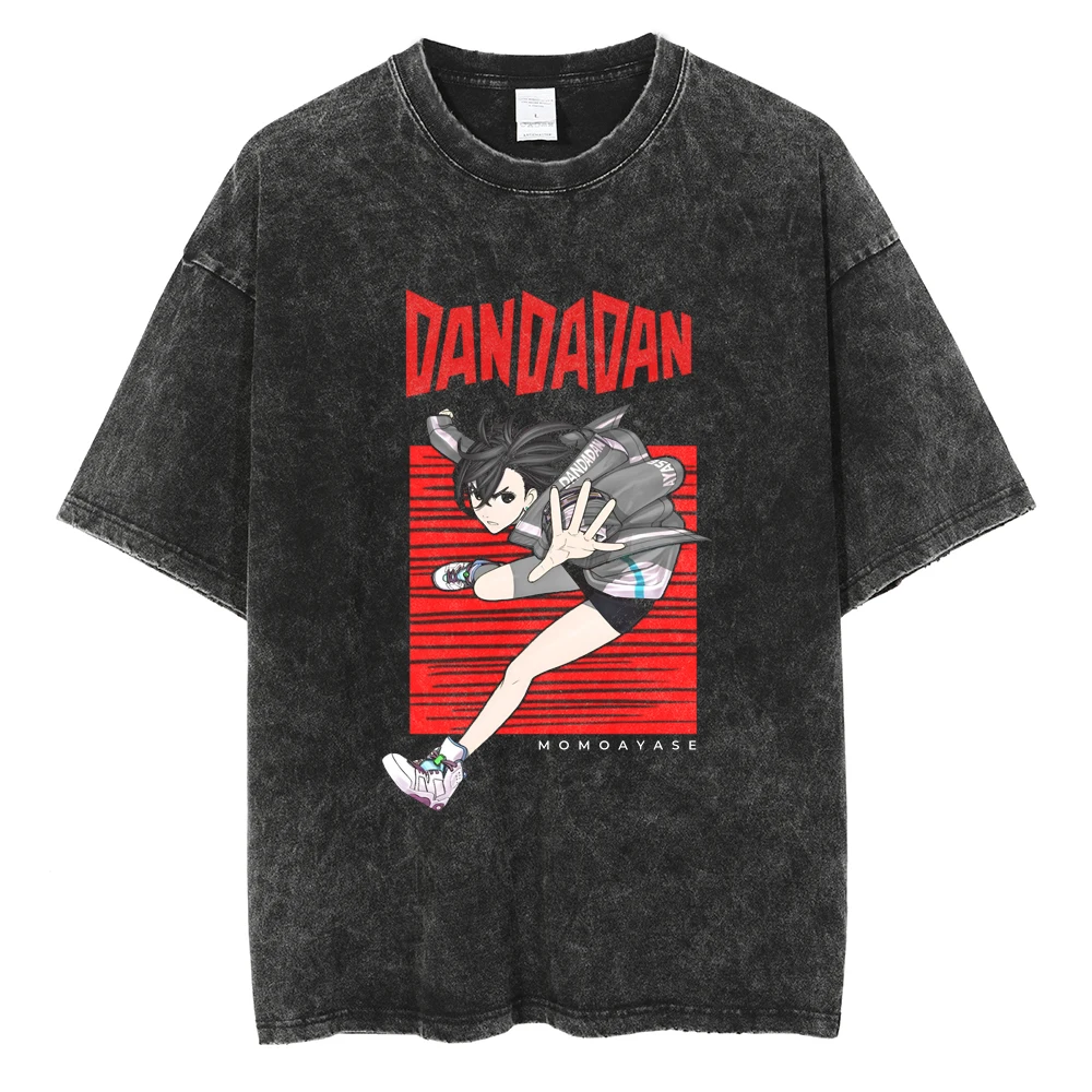 

2026 summer Anime Dandadan Oversized T-shirt, Momo Ayase Print with "DANDADAN" Logo Casual Streetwear Washed Black Tee