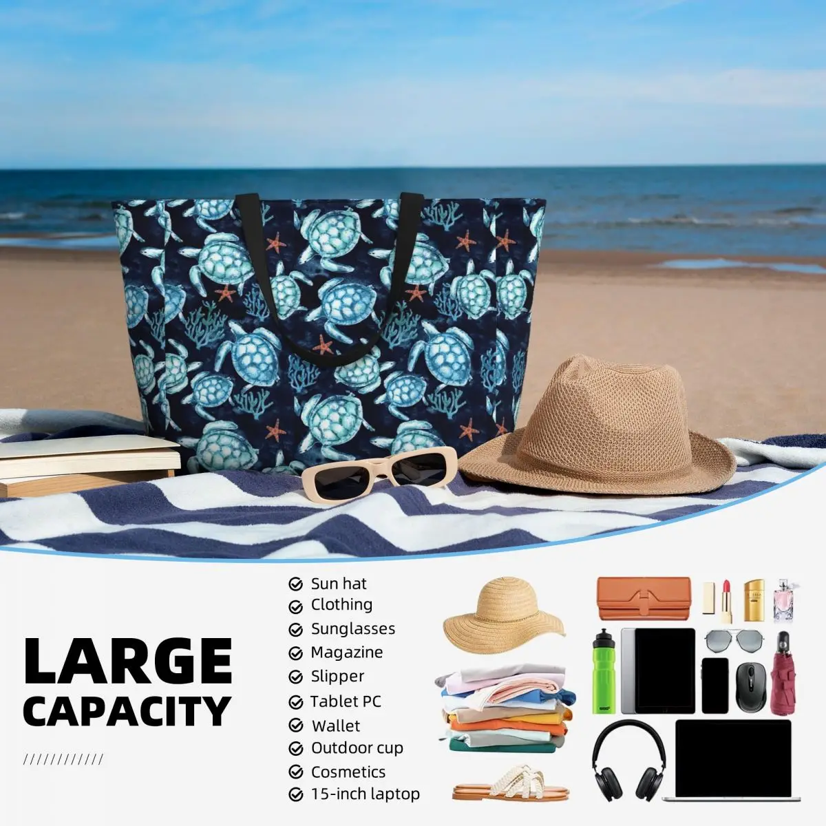 Borsa tote personalizzata grande con tartarughe blu oceano per borsa da viaggio da palestra da spiaggia con spalla per animali marini da donna