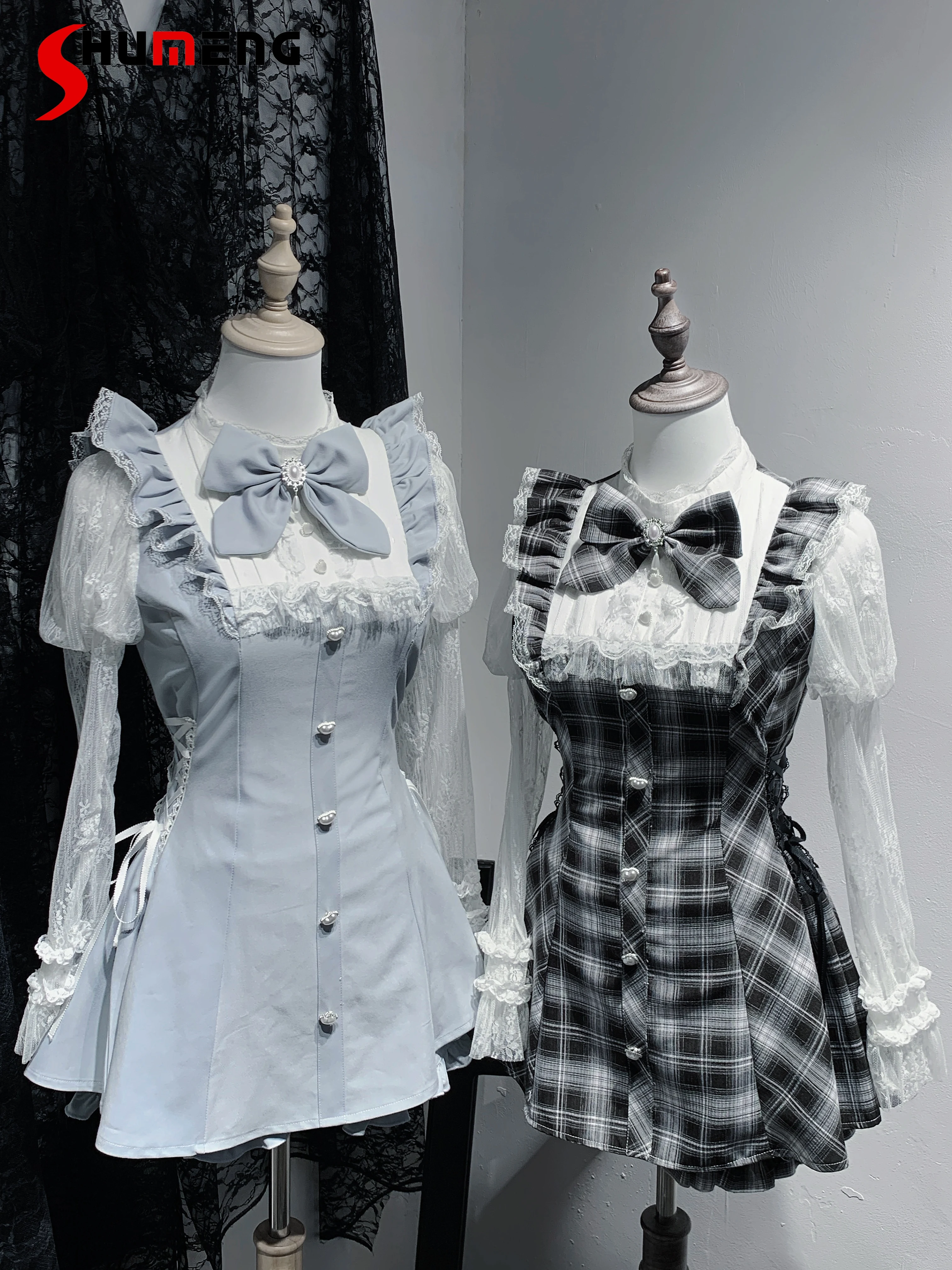 

Japanese Mine Style Lace Long Sleeve Heart Buckle Single-breasted Slim Short Dress Elastic High Waist Shorts Two-piece Set Women