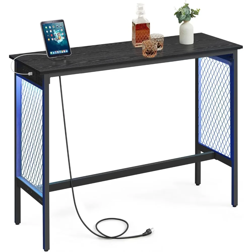 

47.2" Long Bar Table with Charging Station, LED Lights, Narrow Counter Tables Rectangular Couch Sofa Table