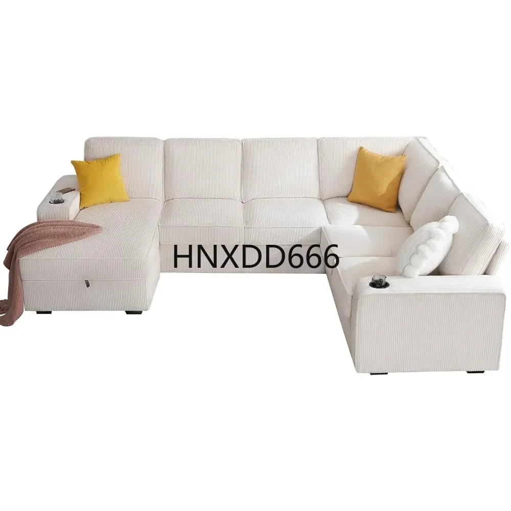

7 Seater Sofa with USB Ports, Sectional Sofa Couch with Storage Chaise, Luxurious Corduroy Thicked Cushion