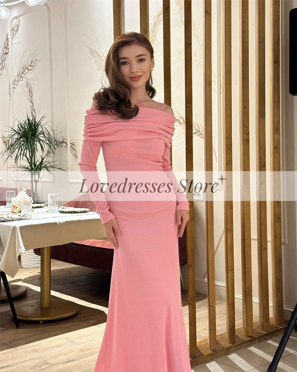 

Pink Evening Dresses Off Shoulder Long Sleeves Evening Gowns Boat Neck Straight Ankle-Length Pleat Prom Dress Solid Color 2025