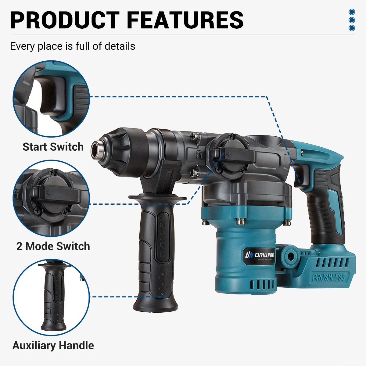 Drillpro 22mm Electric Hammer 600W 21V Brushless Motor Lightweight Auxiliary Handle Multifunctional Rotary Cordless Rechargeable