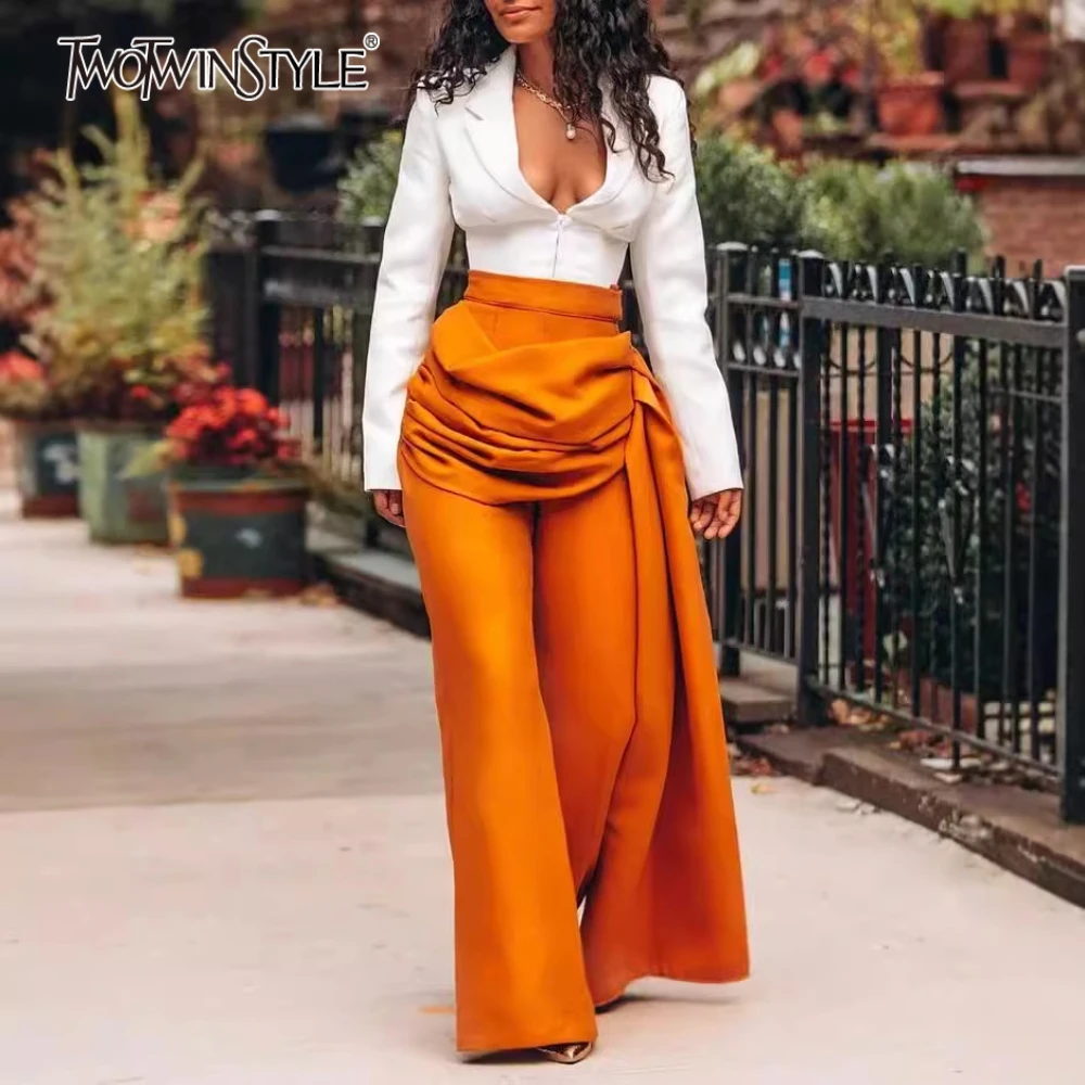 

TWOTWINSTYLE Solid Two Piece Set for Women V Neck Long Sleeve Spliced Zipper Top High Waist Pant Fashion Sets Female Clothing