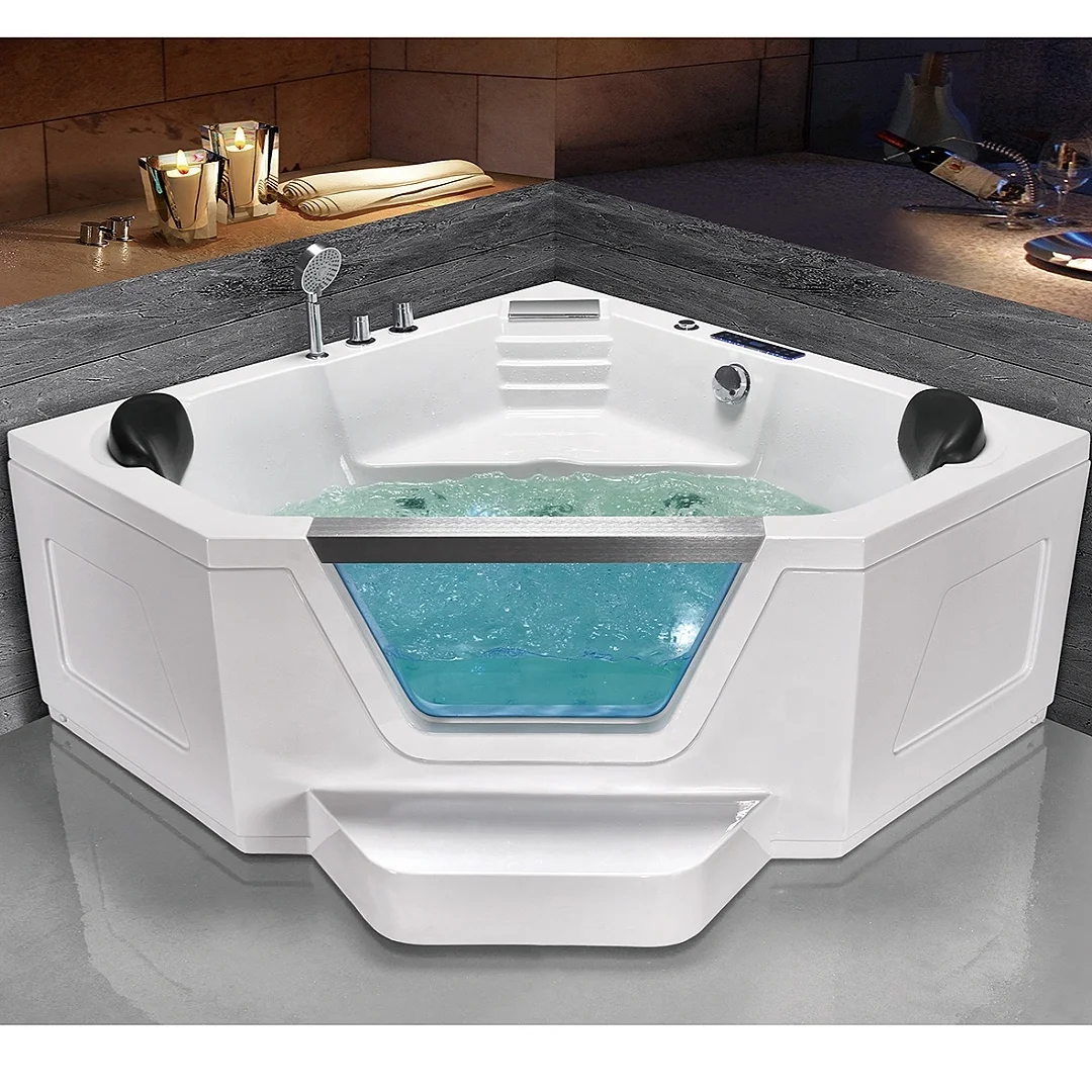 

White Tempered Glass Quality Luxury Air Whirlpool Massage 2 Person Acrylic Bathtub with Seatpromote sales