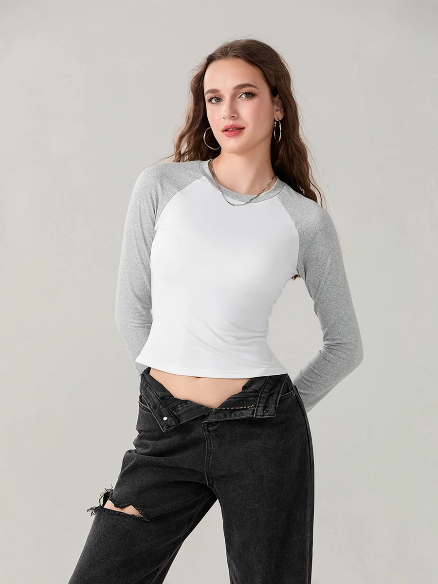 wsevypo Womens Patchwork Crop Tops Fall Spring Raglan Long Sleeve Round Neck Short T-Shirt Casual Basic Tees Streetwear image 4