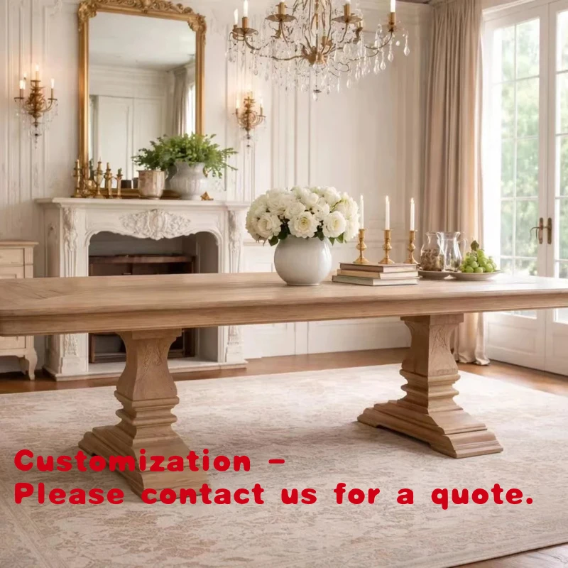 

Customize.Hl704-300 French Luxury Antique Farmhouse Rustic Retro Rectangle Extendable Solid Oak Wood Dining Room Table Set 8