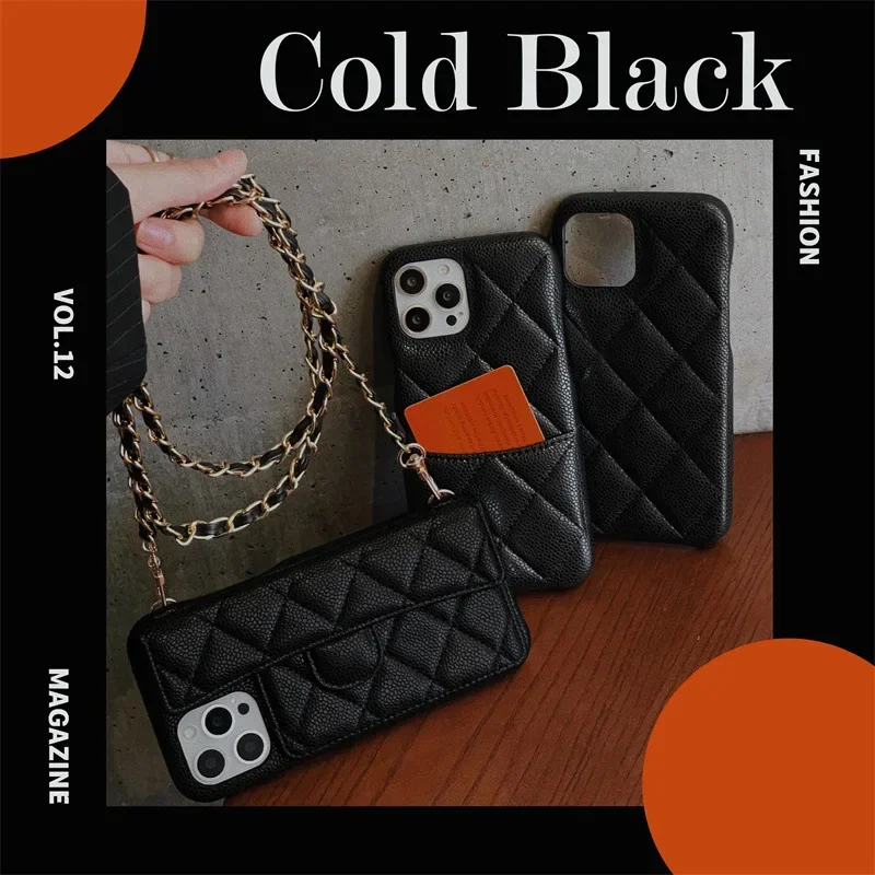 Crossbody Lanyard Portemonnee Telefoonhoesje voor iPhone 15 14 13 12 16 Pro Max 11 Kaarthouder Ketting Ketting Luxe Geometrisch Leer