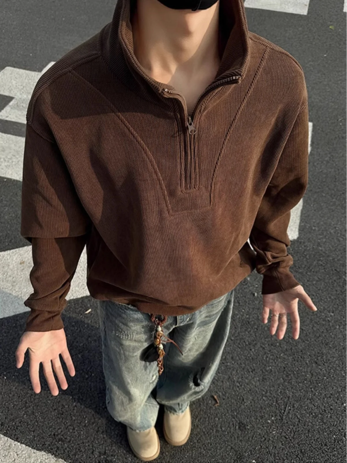 

Мужская толстовка на молнии в американском ретро-стиле, кофейного цвета, базовый слой, плотный флис, свободный крой, повседневная одежда, весна-осень