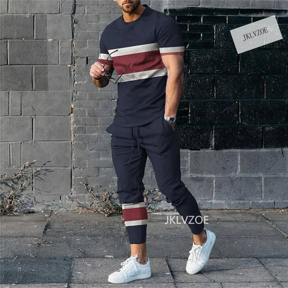 Men's Tracksuit Printed Sportswear Short Sleeved T-shirt Trousers Suit Casual Breathable Joogers 2 Piece Sport Tshirts Pant Sets