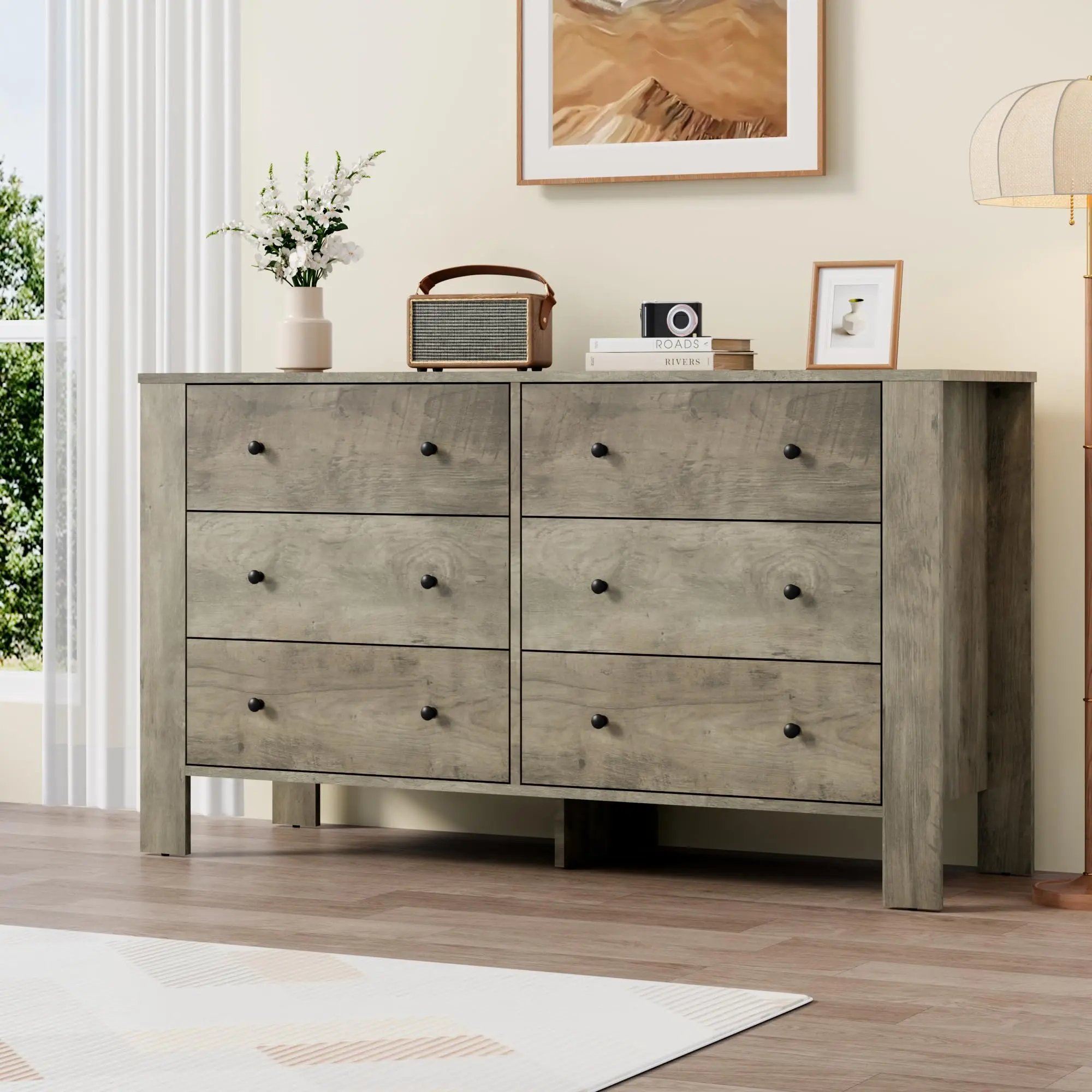 Modern 6 Drawer Dresser Chest – Wide Wooden Storage Cabinet with Deep Drawers, Metal Knobs – Ideal for Bedroom, Nursery, Entryway, Office – Black or Natural Oak Finish