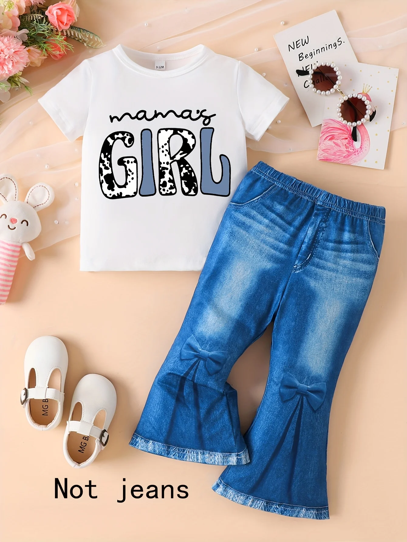 

Toddler girl's spring and autumn short-sleeve top with letter patterns and imitation jeans set, suitable for outdoor activities