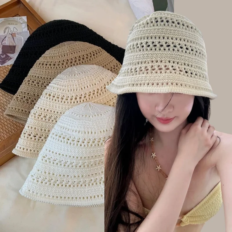 

Summer Women'S Bucket Hat Knitted Panama Fisherman Hat Hollow Out Sun Hat Casual Versatile Crochet Foldable Caps Beach Cap
