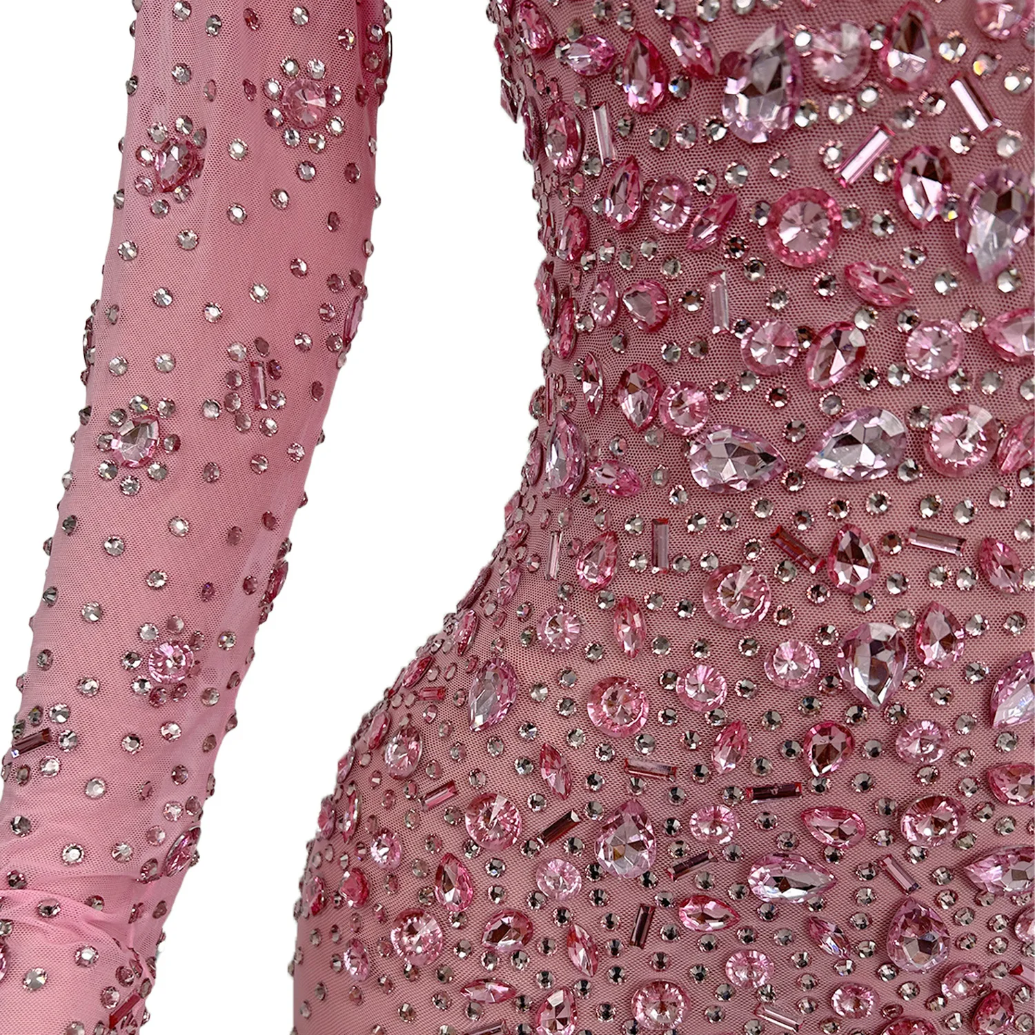 Sexy Pink Diamonds Mesh Jumpsuit Women Costume Bodycon Club Party Bodysuit See Through Rhinestones Dance Stage Wear Cuican