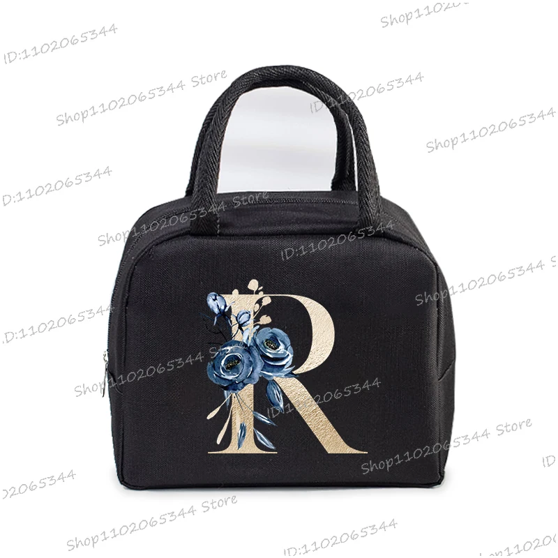 

Women Vintage Golden Alphabet Rose Lunch Bag Fashion Portable Insulated Thermal Bag School Teacher Kid Surname Letter Lunch Bags